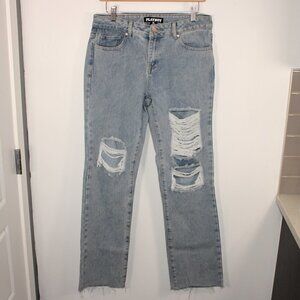 Playboy Distressed Straight Leg‎ Jeans Light Wash Pink Bunny Logo Size 5